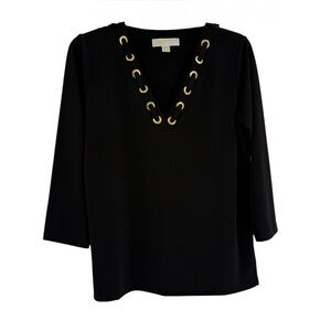 Michael Michael Kors Top Black Size Medium 3/4 Sleeves Gold Accent Career